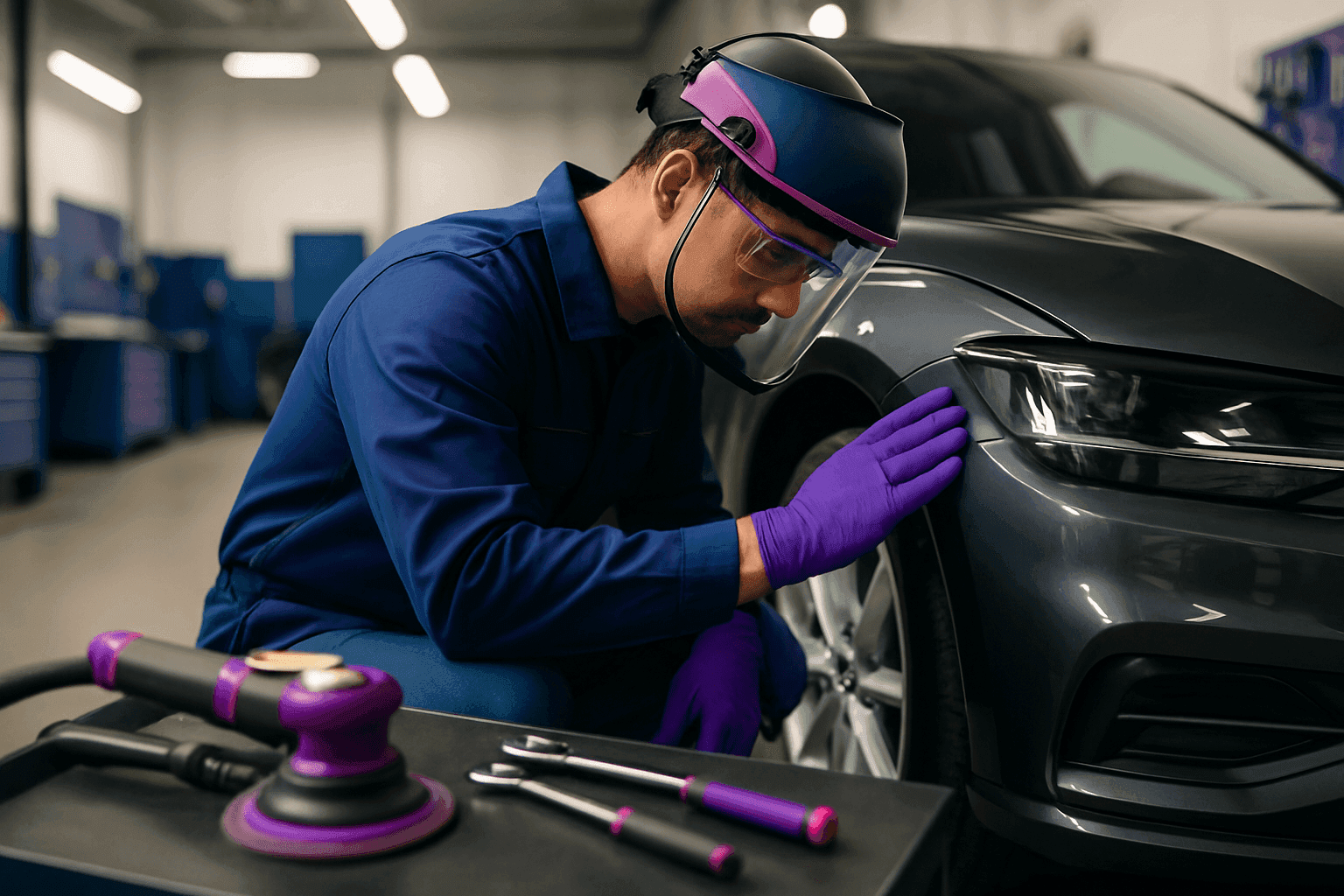 Technician in PPE inspecting a car fender inside a clean, organized auto body shop.