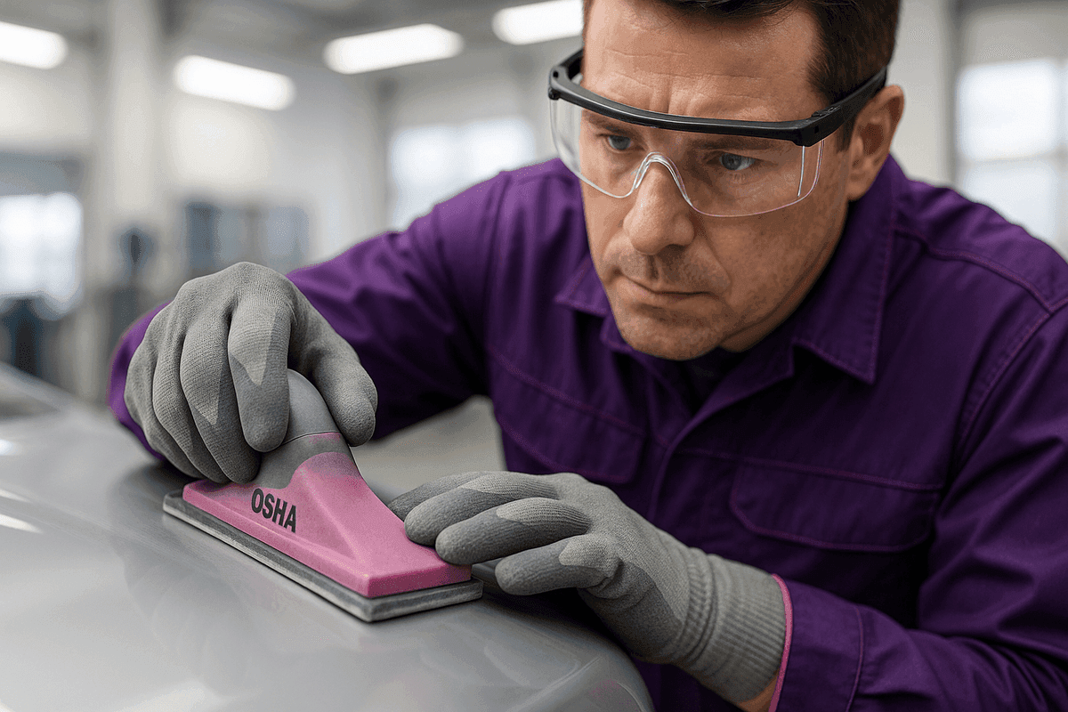 Close-up of gloved hands sanding a car panel in a well-lit auto body repair shop.