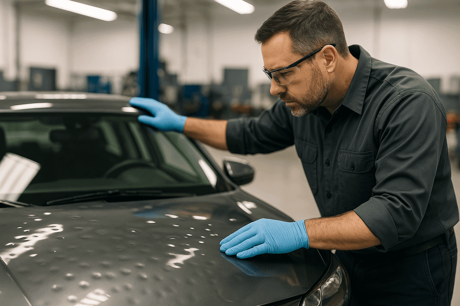 Hail-damaged car being inspected by technician under bright shop lights