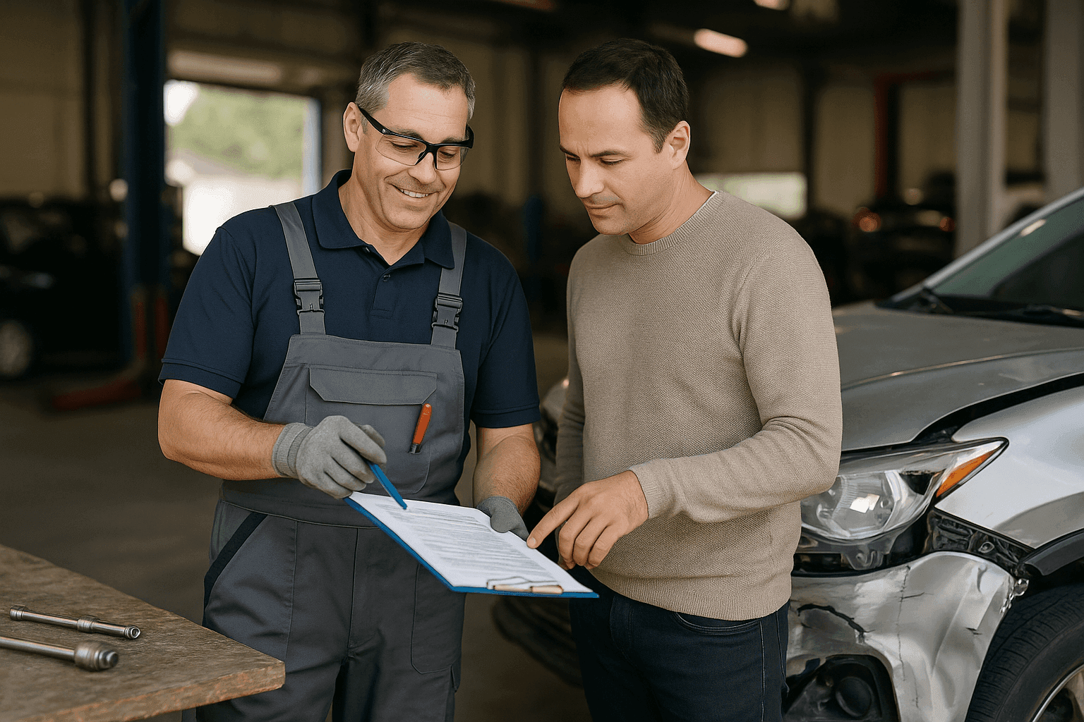 Técnico de carrocería asistiendo a cliente con papeleo de reclamo de seguro cerca de auto dañado