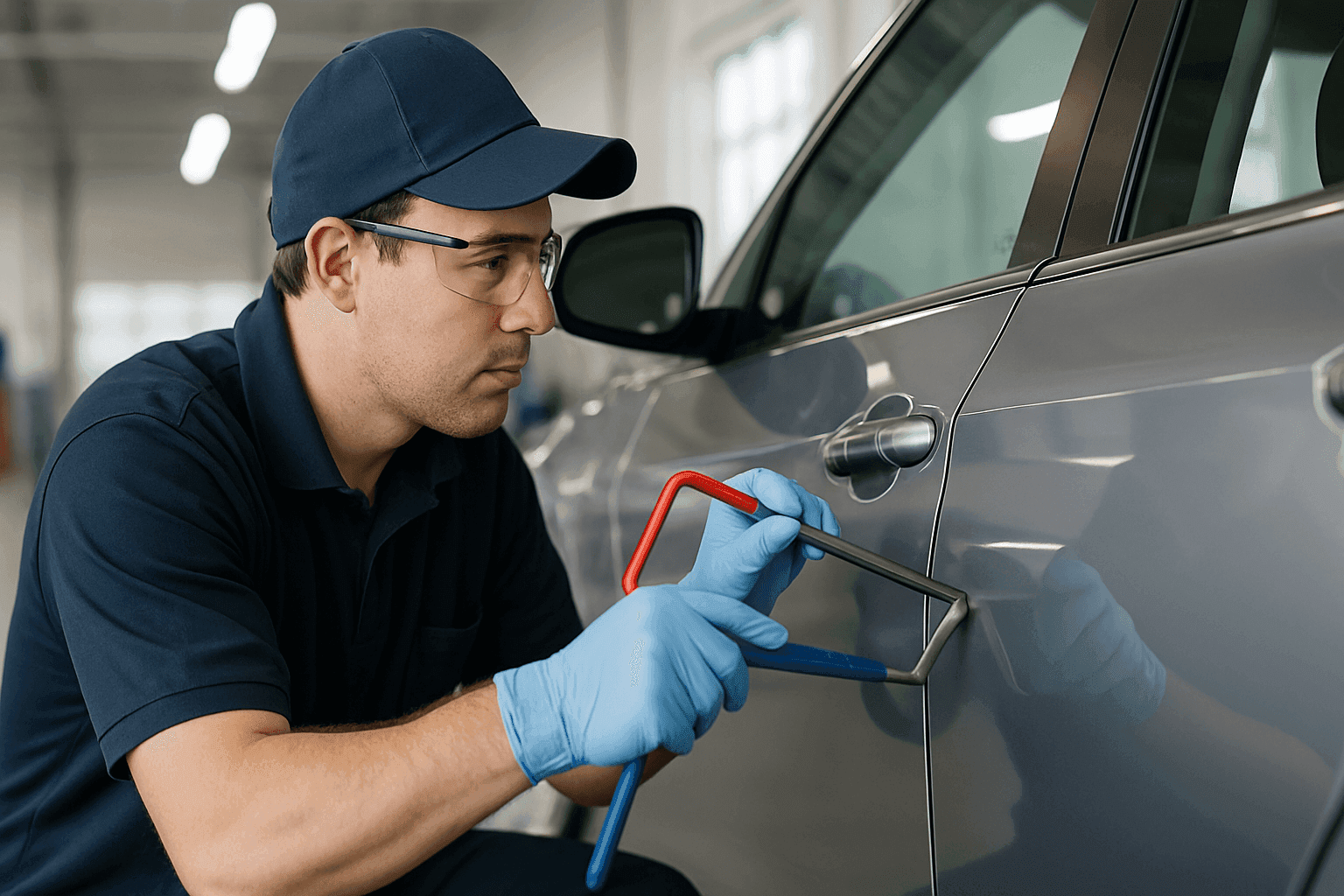 Técnico usando herramientas de reparación de abolladuras sin pintura en la puerta de un auto