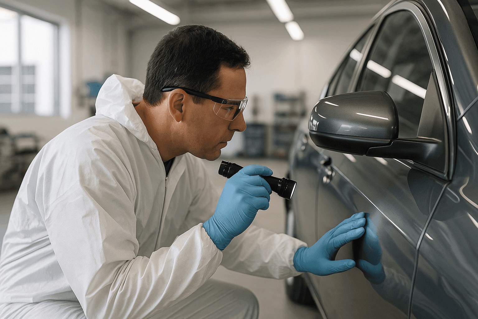 Técnico inspeccionando el chasis y la carrocería de un vehículo por daños de colisión